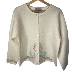 Vintage Timberlea Embroidered Beaded Floral Cardigan Sweater Wool Cream L